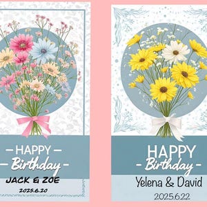 Cartão de aniversário personalizado para impressão com flores | Nome e data editáveis | Download digital | Cartão eletrônico floral para amigos e familiares