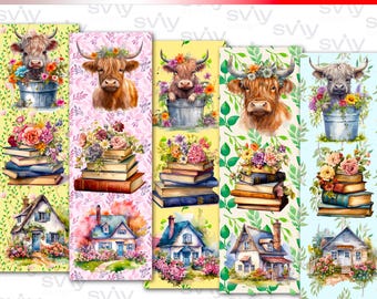 Highland Cow Bookmarks set –  Printable Bookmarks for women, Cottagecore Floral Designs