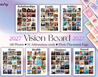 May include: A 2027 vision board kit featuring six grid-style pages labeled Relationships, Family, Hobbies, Home, Health, Finances, and Travel. The set includes 140 photos, 51 affirmation cards, and a photo placement page with text.