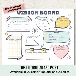 May include: A printable vision board template with the title VISION BOARD, featuring sections for goals, habits, and self-love. The layout includes pastel-coloured boxes, speech bubbles, and heart shapes with text prompts like My Top 3 Goals for 2027.