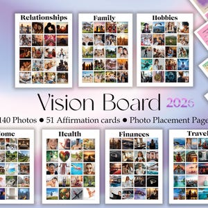 May include: A vision board for 2026, featuring categories like Relationships, Family, Hobbies, Home, Health, Finances, and Travel. Each category has multiple photos. Includes 140 photos, 51 affirmation cards, and a photo placement page.
