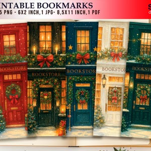 Peut inclure: Ensemble de cinq marque-pages imprimables représentant des façades de librairies festives. Chaque marque-page présente une palette de couleurs différente, dont le rouge, le vert et le bleu, avec des décorations de vacances. Le texte "BOOKSTORE" est visible. Les marque-pages mesurent 15,24 x 5,08 cm et 21,59 x 27,94 cm.