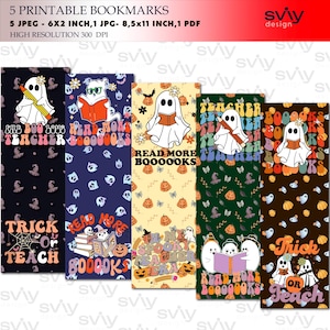 Printable Halloween Teacher Bookmarks, Cute Ghost Bookmark PNG, Spooky Bookmarks for Women, Digital Download Gift