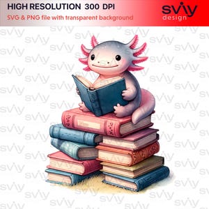 May include: A pink and gray axolotl wearing a blue book on a stack of colorful books. The axolotl is sitting on the top book and looking at the book.