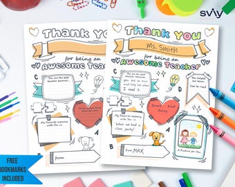 May include: Two printable teacher appreciation cards with the text "Thank You for being an Awesome Teacher." The cards have fill-in-the-blank sections, a heart, and a picture frame. Crayons and other school supplies surround the cards.