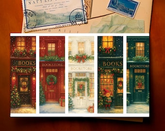 Puede incluir: Un collage de cinco escaparates de librerías festivas, cada uno adornado con decoraciones navideñas. Los edificios presentan coronas, guirnaldas y una cálida iluminación interior. La palabra "BOOKS" es visible en algunos escaparates. Postales y sellos antiguos en el fondo.