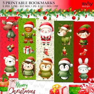May include: Set of five printable Christmas bookmarks featuring festive characters like a reindeer, Santa, and an elf. Each bookmark is decorated with holiday elements and the text "Merry Christmas". The bookmarks are 6x2 inches.