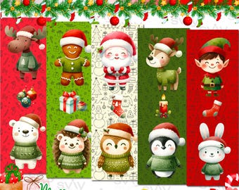 Peut inclure: Ensemble de cinq marque-pages de Noël imprimables avec des personnages festifs, dont un renne et le Père Noël. Chaque marque-page est orné d'éléments de vacances et du texte "Merry Christmas". Les marque-pages mesurent 15,2 x 5 cm.
