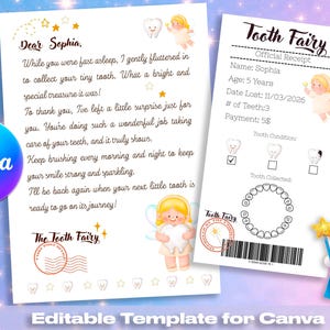 Op de afbeelding: Een afdrukbare Tooth Fairy brief- en ontvangsttemplate. De brief is gericht aan Sophia en de bon bevat details zoals leeftijd, datum en betaling. Het ontwerp bevat illustraties van feeën, sterren en tanden. Het Canva-logo is zichtbaar.