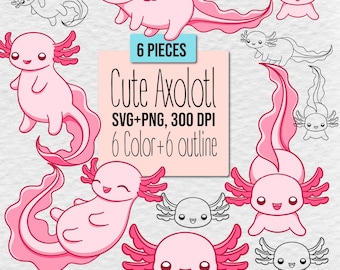 Pacote de PNGs e SVGs de Axolote – Clipart fofo de Axolote para camisetas, lembrancinhas de festa, Axolote rosa kawaii para imprimir | Download digital