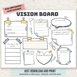 Puede incluir: Una plantilla de tablero de visión blanca con ilustraciones de líneas negras de varias formas de notas, incluyendo un corazón, un globo de texto y cajas rectangulares. El texto incluye "VISION BOARD," "My biggest goal," "My top 3 life goals," y "3 things I want to improve this year."