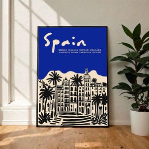 Spain Travel Poster Wall Art Print - Vintage Cityscape Architecture Illustration Featuring Seville Granada Valencia Palma Madrid
