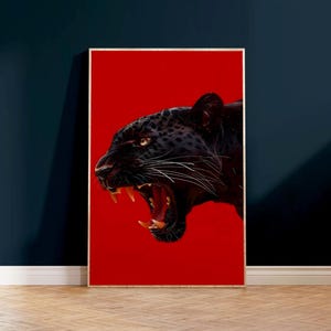 Roaring Black Panther Wall Art Poster Red Background Animal Print Home Decor Modern Jungle Cat Artwork Bold Wildlife Illustration Gift