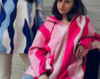 Zip Hoodie, Unisex Patchwork Sweatshirt, Unique Color Block Pullover with Hood