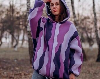 Custom Waved Hoodie, Handmade Patchwork Sweatshirt, Oversized Fleece Jacket