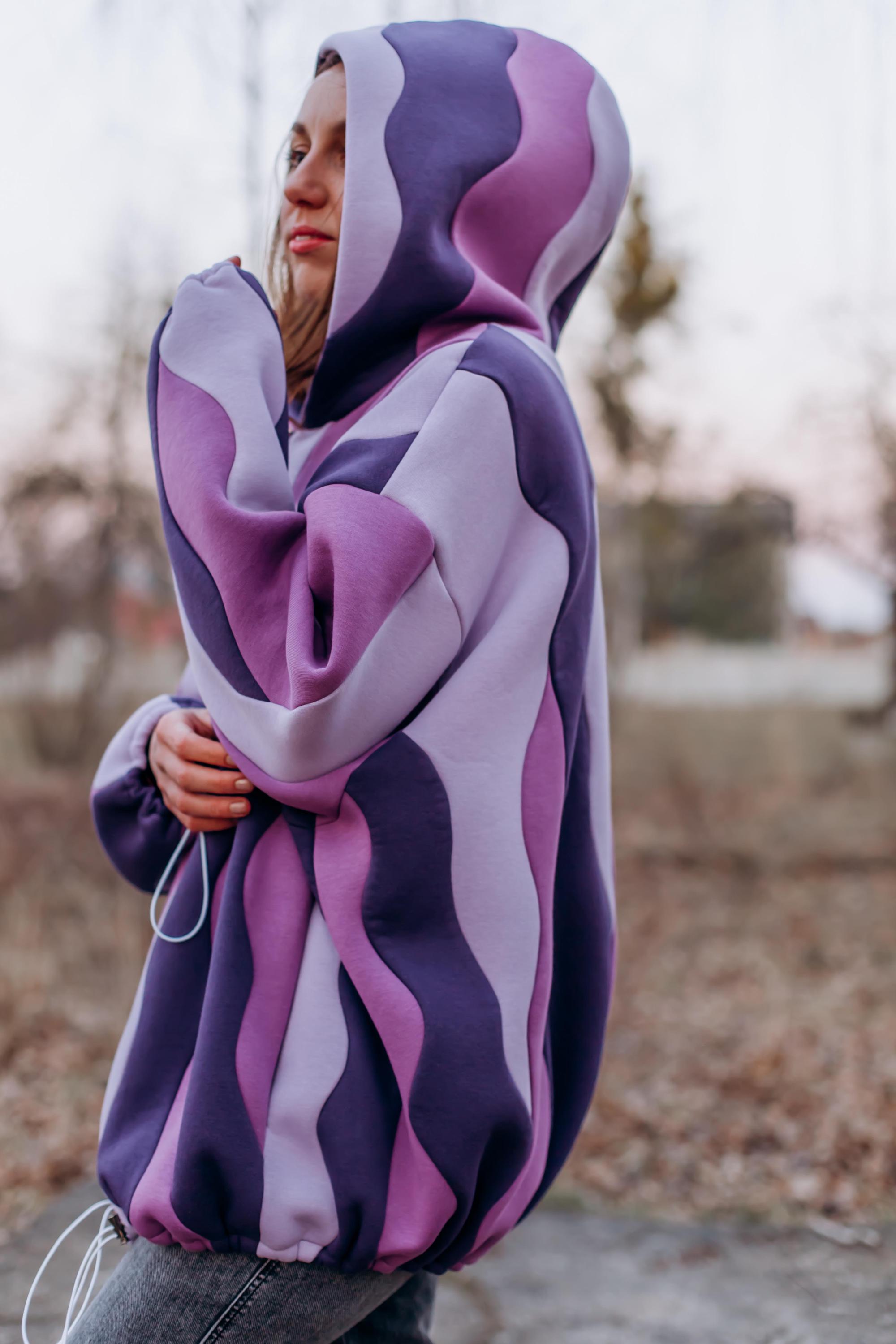 Handmade Waved Color Block Hoodie, Oversized Purple Patchwork ...