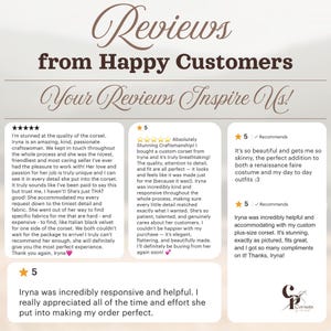 K&ouml;nnte beinhalten: Eine grafische Darstellung mit dem Text Reviews from Happy Customers und Your Reviews Inspire Us, gefolgt von vier Kundenbewertungen mit F&uuml;nf-Sterne-Bewertungen. In der unteren rechten Ecke befindet sich ein Logo mit den Buchstaben CP und dem Text Corsets.