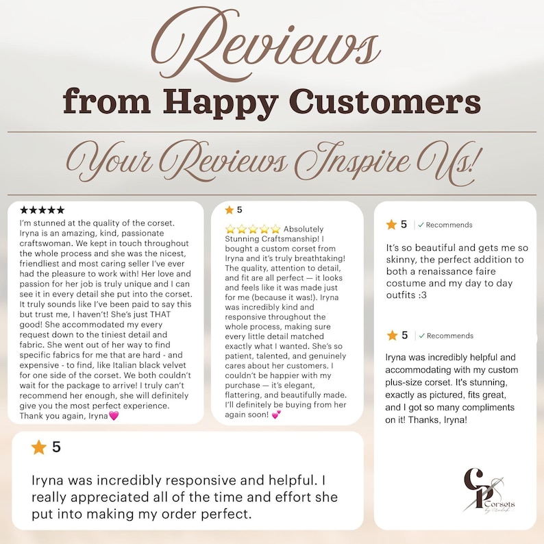 K&ouml;nnte beinhalten: Eine grafische Darstellung mit dem Text Reviews from Happy Customers und Your Reviews Inspire Us, gefolgt von vier Kundenbewertungen mit F&uuml;nf-Sterne-Bewertungen. In der unteren rechten Ecke befindet sich ein Logo mit den Buchstaben CP und dem Text Corsets.