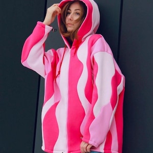 Custom Waved Hoodie: Handmade Color Block Oversized Sweatshirt, Custom design