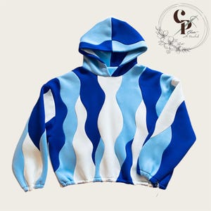 Custom Waved Hoodie, Handmade Color Block Oversized Sweatshirt, Personalized Unisex Pullover, Unique Streetwear For Teens