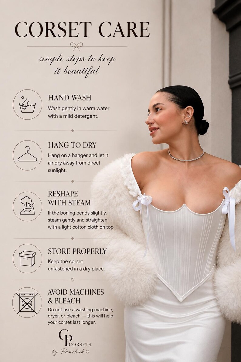 K&ouml;nnte beinhalten: Eine Infografik mit dem Titel CORSET CARE mit Anweisungen: HANDW&Auml;SCHE in warmem Wasser, LUFTTROCKNUNG ohne direktes Sonnenlicht, DAMPFBEHANDLUNG zur Formgebung, sachgem&auml;&szlig;e LAGERUNG und VERMEIDUNG VON MASCHINENW&Auml;SCHE & BLEICHMITTELN. Mit wei&szlig;em Korsett.