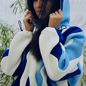 Custom Waved Hoodie, Handmade Color Block Oversized Sweatshirt, Personalized Unisex Pullover, Unique Streetwear For Teens