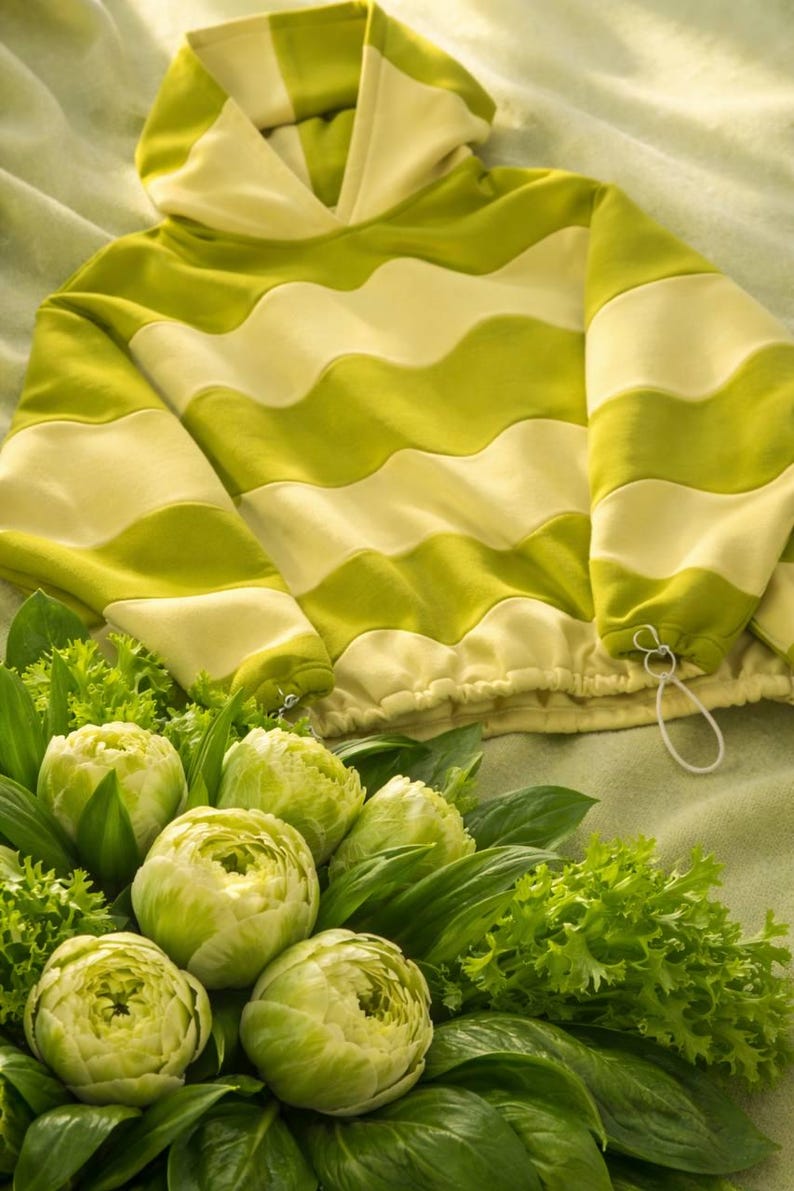 May include: A green and cream-colored hooded sweatshirt with a wavy stripe design. The sweatshirt is lying on a green surface next to a bouquet of green flowers and leafy greens.