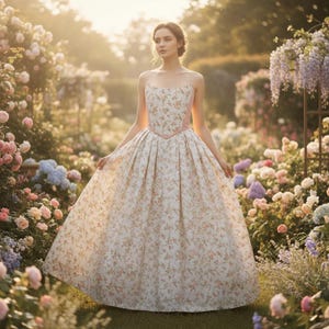 Könnte beinhalten: Ein trägerloses, bodenlanges Kleid aus cremefarbenem Stoff mit einem zarten rosa-grünen Blumenmuster. Das Oberteil ist figurbetont mit einer spitz zulaufenden Taille und geht in einen weiten, gefalteten Rock über, der bis zum Boden reicht.