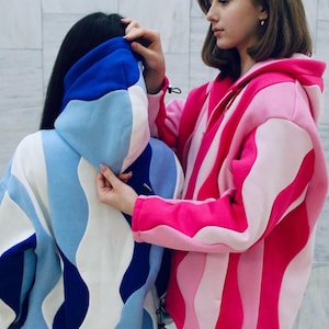 Custom Waved Hoodie, Handmade Color Block Oversized Sweatshirt, Personalized Unisex Pullover, Unique Streetwear For Teens