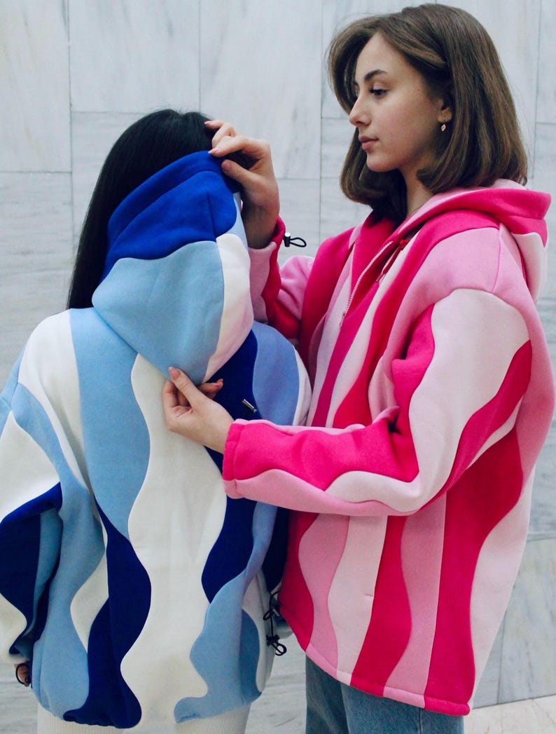 Custom Waved Hoodie, Handmade Color Block Oversized Sweatshirt, Personalized Unisex Pullover, Unique Streetwear For Teens