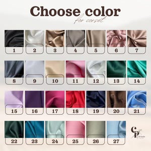 K&ouml;nnte beinhalten: Eine Farbkarte f&uuml;r ein Korsett mit siebenundzwanzig nummerierten Stoffmustern in verschiedenen Satint&ouml;nen, darunter Schwarz, Wei&szlig;, Beige, Rosa, Rot, Gr&uuml;n, Blau und Violett. Der Text oben lautet Choose color for corset.