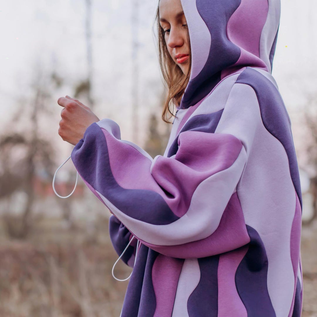 Handmade Waved Color Block Hoodie, Oversized Purple Patchwork
