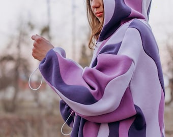 Handmade Waved Color Block Hoodie, Oversized Purple Patchwork