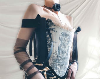 Custom Renaissance Toile de Jouy Corset, Lace-Up Victorian Bustier, Cosplay Outfit