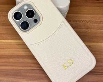 Personalized Leather iPhone Case with Cardholder | Initials Engraving Phone Cover | Custom Monogram Engraved Case | Stylish Gift for Him Her