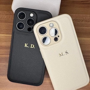 Op maat gegraveerd leren iPhone-hoesje | Gepersonaliseerde initialen telefoonhoes | Luxe iPhone-hoesje met monogram | Stijlvol cadeau voor mannen en vrouwen
