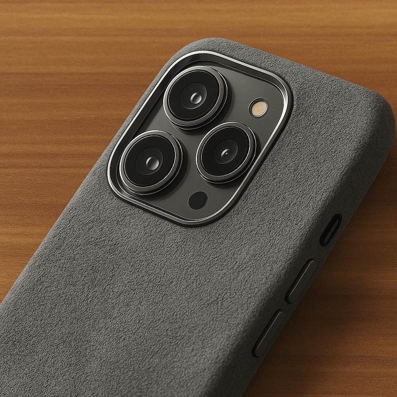 May include: A gray phone case with a textured surface and a black camera lens with four circular openings.