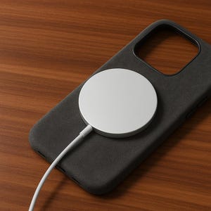 May include: A white wireless charging pad on a black phone case. The charging pad is connected to a white cable.