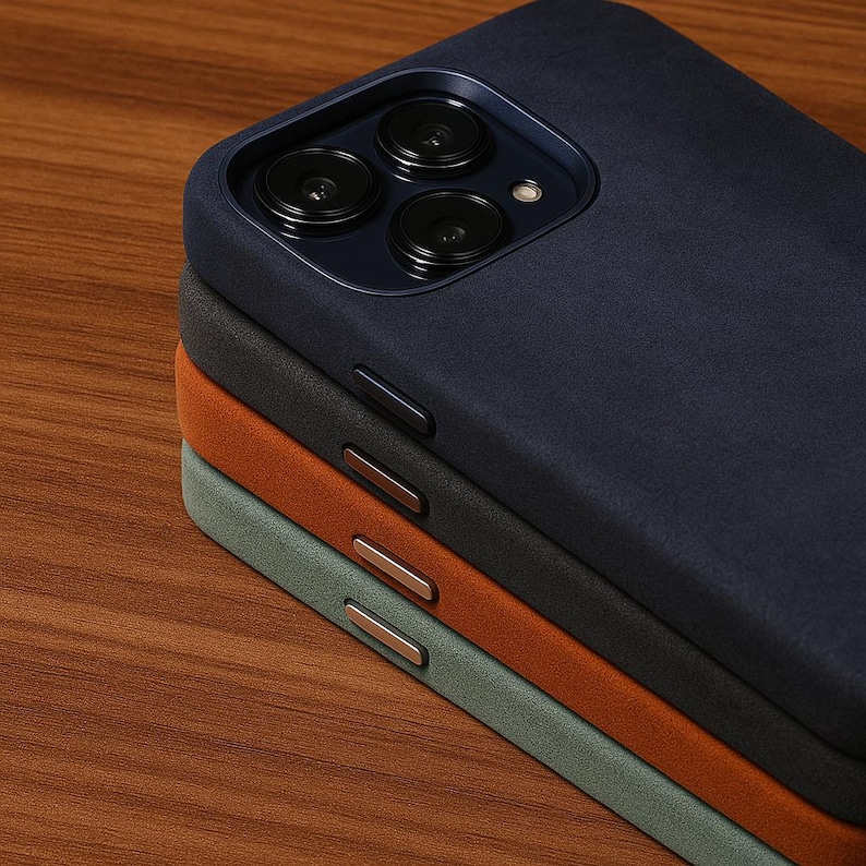 May include: Four phone cases stacked on top of each other. The top case is navy blue, the next is dark gray, the next is orange, and the bottom case is green. All cases have a textured, suede-like finish.