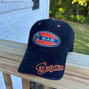 Vintage Miami Dolphins NFL Hat with Team Pin – 90s Corduroy Velcro Strap Cap – Rare Retro Embroidered Football Gear