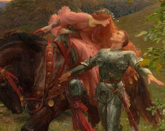 May include: A painting of a knight in armor reaching out to a woman in a pink dress who is riding a brown horse. The woman is wearing a crown of flowers and has long red hair. The background is a landscape with hills and trees.