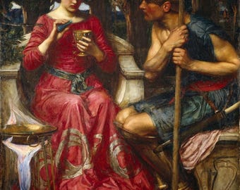 May include: A woman in a red dress holds a golden chalice and a blue gem. A man in a blue tunic and helmet stands behind her, holding a spear.