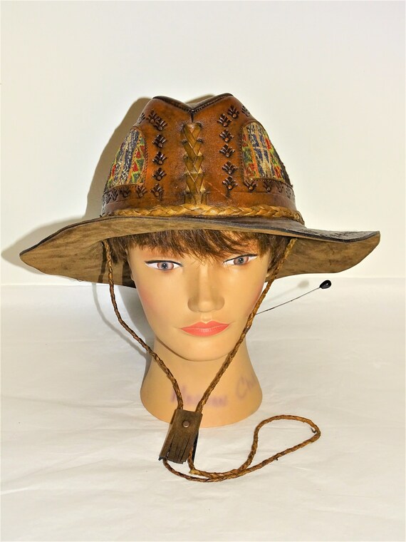 Vintage Hand Made Hand Tooled 1960s Leather Hat Hi