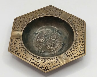 Vintage MCM Brass Ashtray, 3 Raised Roses Ashtray with Raised Edge Decoration Made in Korea