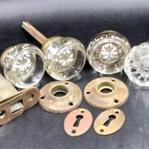 4 Vintage Antique Glass Doorknobs, 3 with Inner Flowers, Some Assorted Hardware
