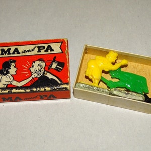 Vintage 1940s Ma and Pa Magnetic Miniature Matchbox Game Ma Knocks Pas Top Hat Off