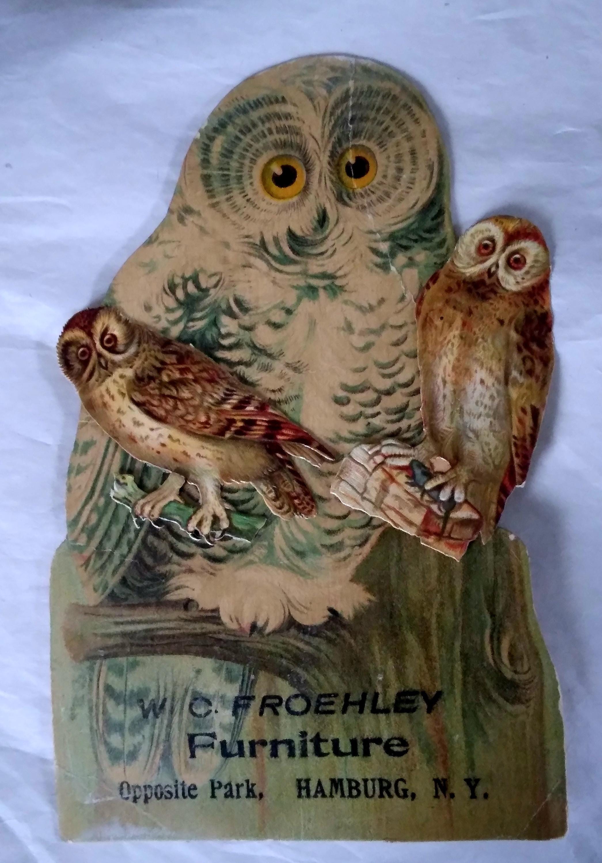 Vintage Victorian OWL Trade Card for Froehley Furniture and Two Small Embossed Owl Scraps