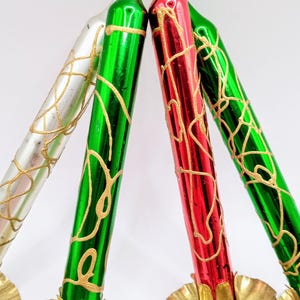 4 Vintage Blown Glass Candle Clips Christmas Tree Ornaments, 2 Green 1 Red 1 Silver with Gold Accents