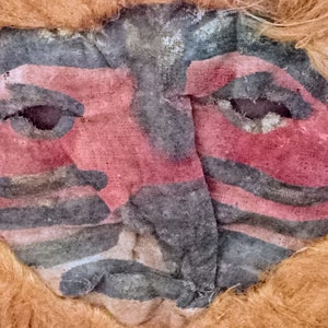 Exotic Antique 1920s Painted Gauze Halloween Mask, African Animal Mask, Linen With Blonde Hairy Fur Mane in Wood Frame