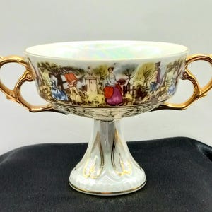 Vintage LOFT Porcelain Compote, 2 Handle Tea Cup Featuring Colonial People in Garden